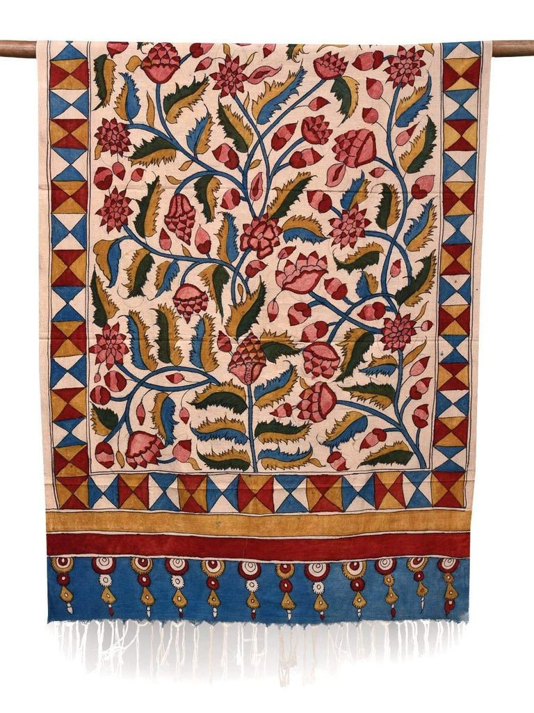 Cream Kalamkari Hand Painted Cotton Handloom Dupatta with Lotus Flowers Design ds2062