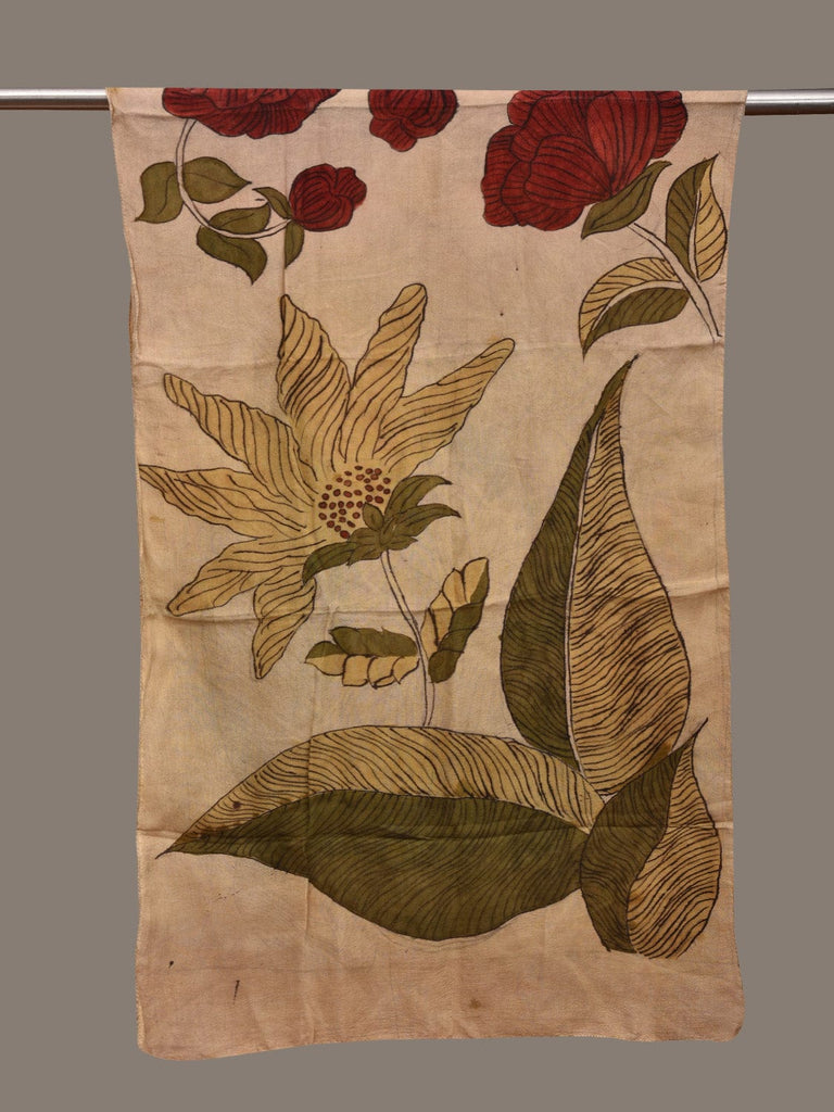 Cream Kalamkari Hand Painted Cotton Handloom Stole with Big Floral Design ds2999