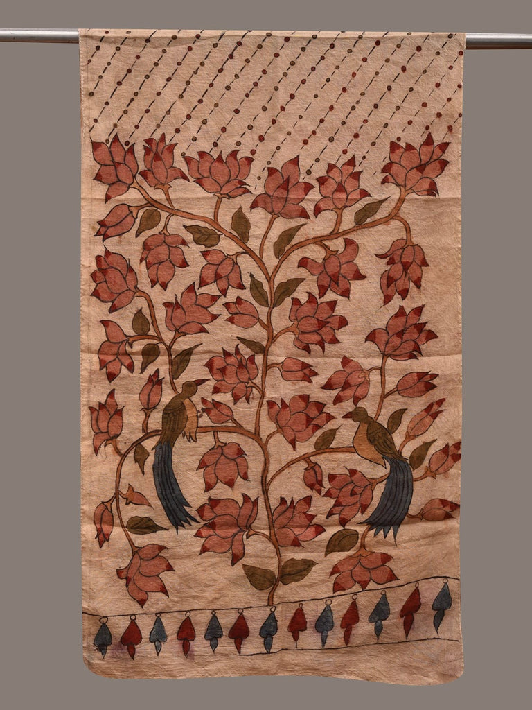 Cream Kalamkari Hand Painted Cotton Handloom Stole with Birds and Lotus Design ds2805