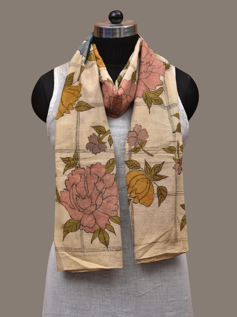 Cream Kalamkari Hand Painted Cotton Handloom Stole with Floral and Checks Design ds2757