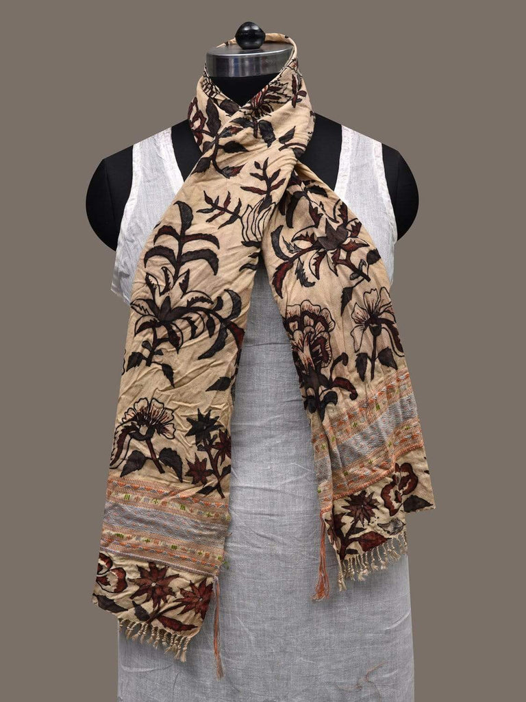 Cream Kalamkari Hand Painted Cotton Handloom Stole with Floral Design ds2464