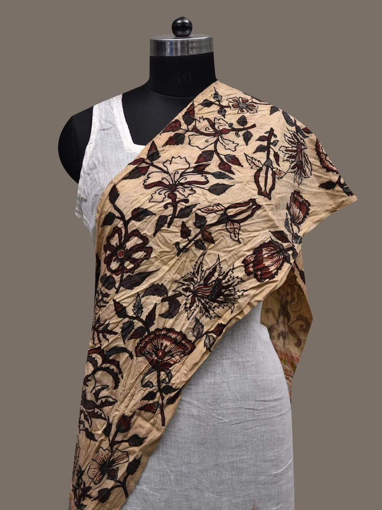 Cream Kalamkari Hand Painted Cotton Handloom Stole with Floral Design ds2464