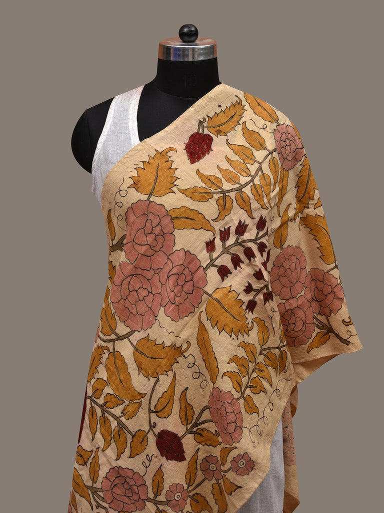 Cream Kalamkari Hand Painted Cotton Handloom Stole with Floral Design ds2764
