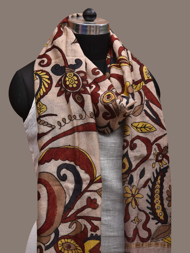 Cream Kalamkari Hand Painted Cotton Silk Handloom Dupatta with Floral Design ds2751