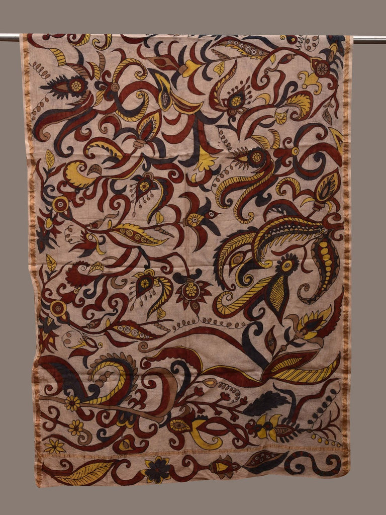 Cream Kalamkari Hand Painted Cotton Silk Handloom Dupatta with Floral Design ds2751