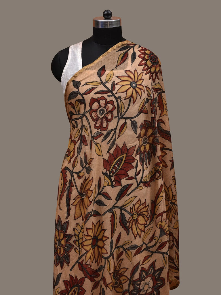 Cream Kalamkari Hand Painted Cotton Silk Handloom Dupatta with Floral Design ds2794