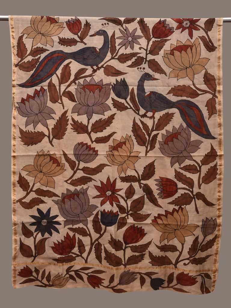 Cream Kalamkari Hand Painted Cotton Silk Handloom Dupatta with Lotus and Peacocks Design ds2753