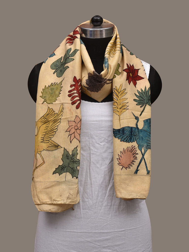 Cream Kalamkari Hand Painted Cotton Silk Handloom Stole with Floral and Birds Design ds3031