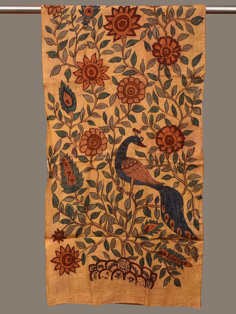 Cream Kalamkari Hand Painted Cotton Silk Handloom Stole with Floral and Peacock Design ds3140