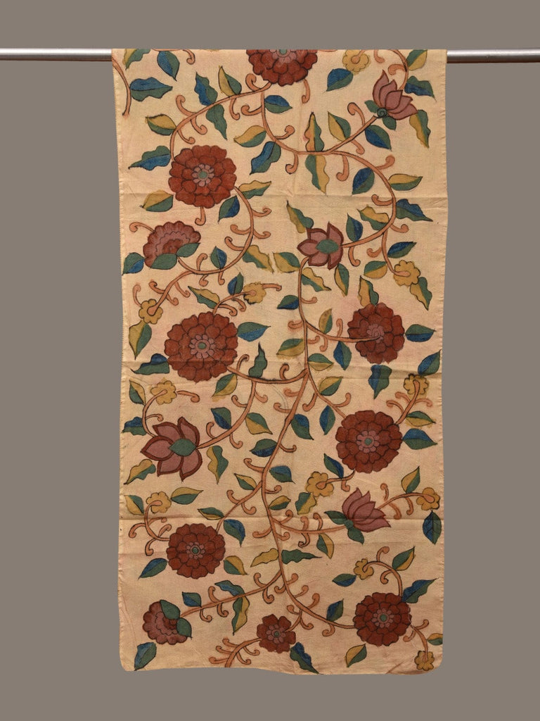 Cream Kalamkari Hand Painted Cotton Silk Handloom Stole with Floral Design ds3029