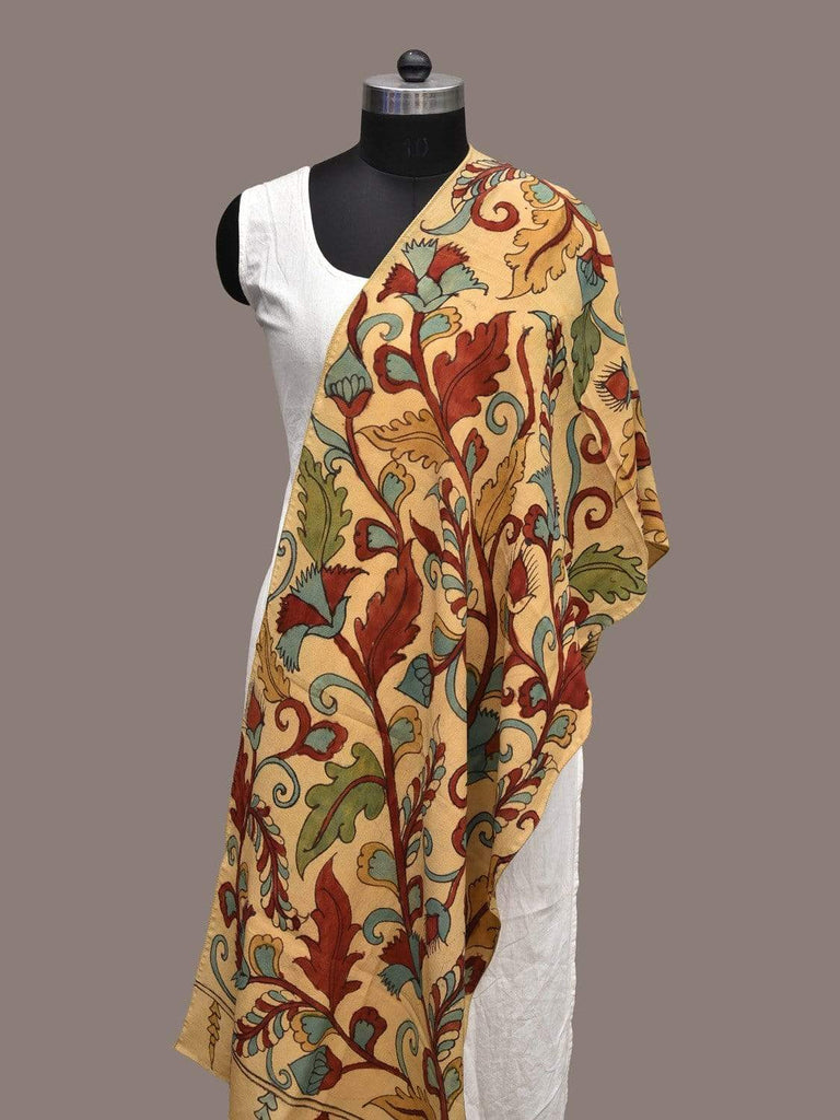 Cream Kalamkari Hand Painted Crepe Stole with Floral Design ds2262