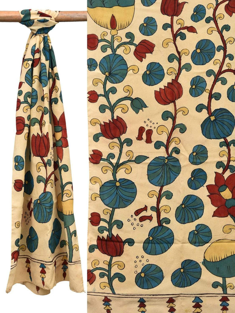 Cream Kalamkari Hand Painted Crepe Stole with Lotus Flowers Design ds2065