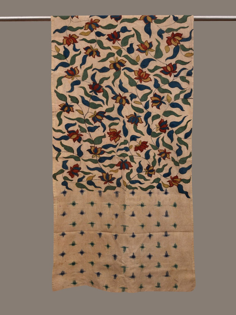 Cream Kalamkari Hand Painted Ikat Cotton Handloom Stole with Floral Design ds3010