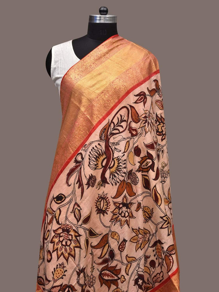 Cream Kalamkari Hand Painted Kanchipuram Silk Handloom Dupatta with Floral Design ds2295