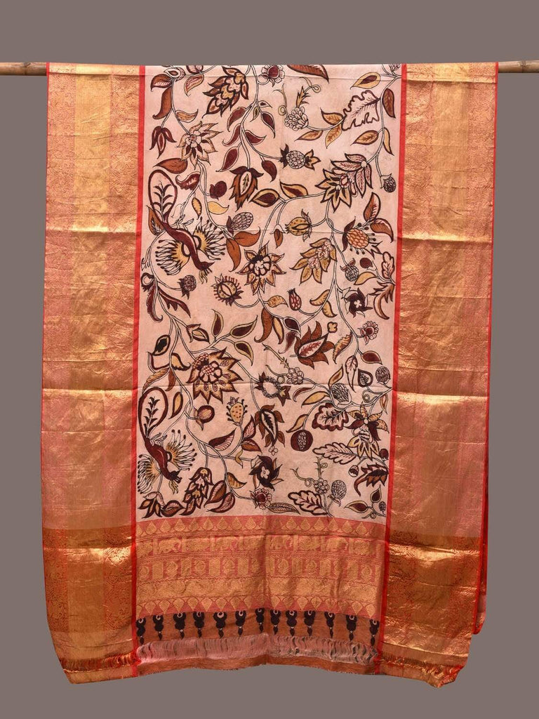 Cream Kalamkari Hand Painted Kanchipuram Silk Handloom Dupatta with Floral Design ds2295