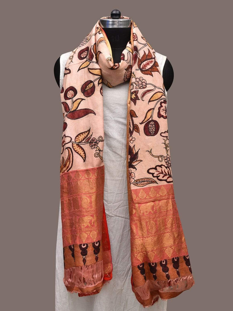 Cream Kalamkari Hand Painted Kanchipuram Silk Handloom Dupatta with Floral Design ds2295