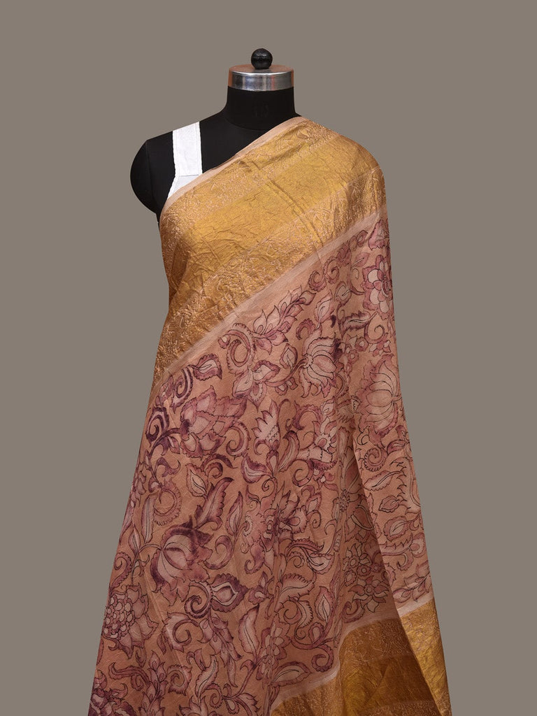Cream Kalamkari Hand Painted Kanchipuram Silk Handloom Dupatta with Floral Design ds3072