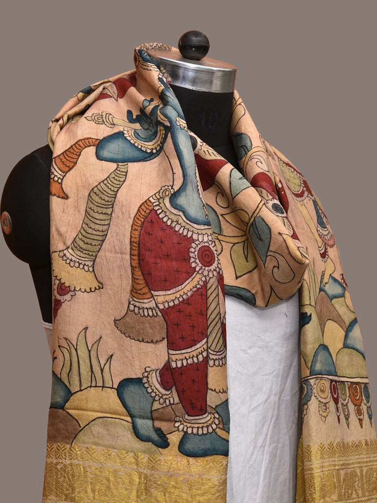 Cream Kalamkari Hand Painted Kanchipuram Silk Handloom Dupatta with Krishna and Radha Design ds3169