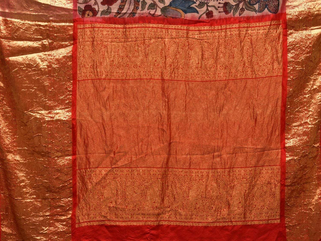 Cream Kalamkari Hand Painted Kanchipuram Silk Handloom Saree Floral Design KL0487