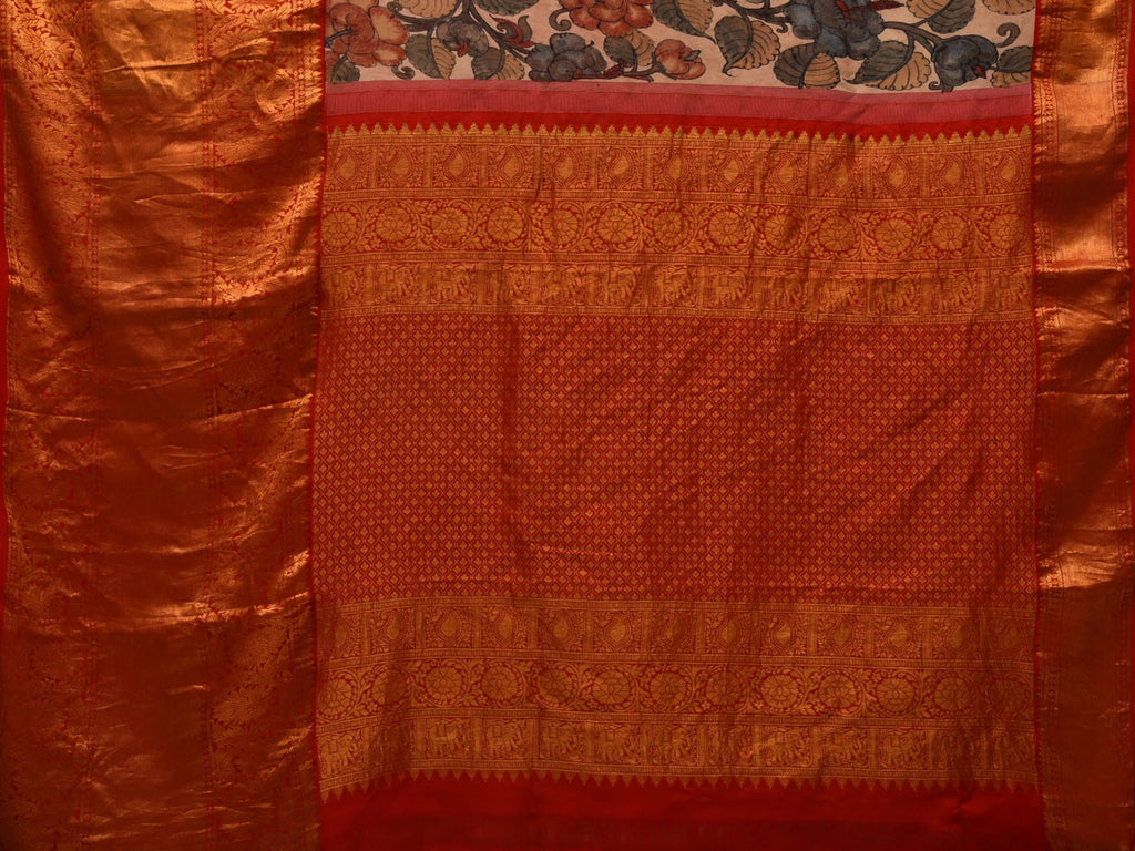Cream Kalamkari Hand Painted Kanchipuram Silk Handloom Saree with Floral Design KL0692