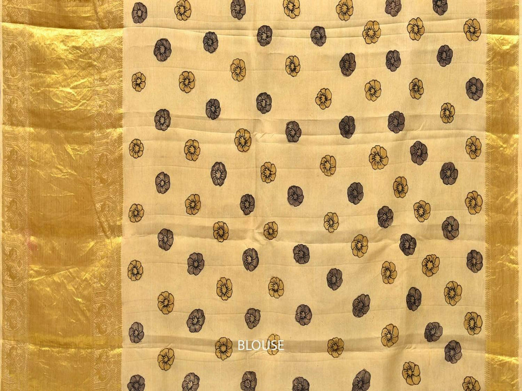 Cream Kalamkari Hand Painted Kanchipuram Silk Handloom Saree with Flowers and Leaves Design KL0249