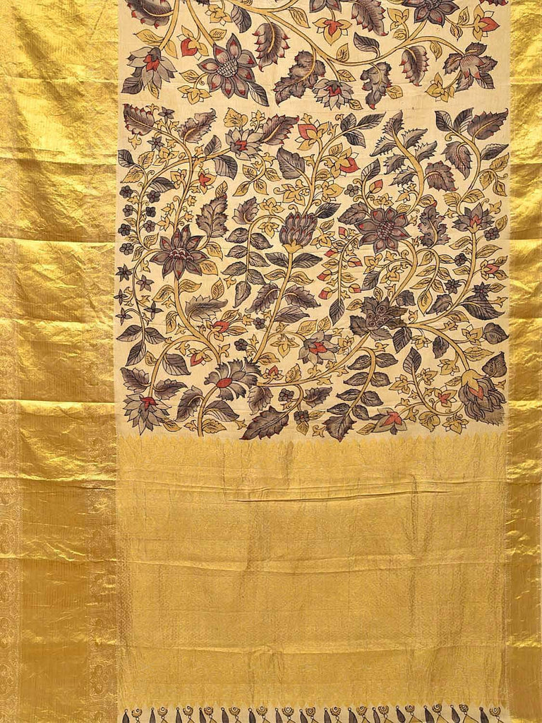 Cream Kalamkari Hand Painted Kanchipuram Silk Handloom Saree with Flowers and Leaves Design KL0249
