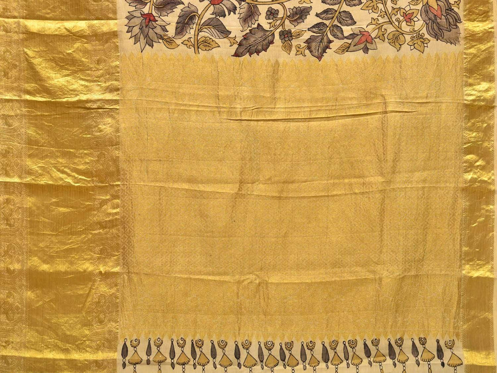 Cream Kalamkari Hand Painted Kanchipuram Silk Handloom Saree with Flowers and Leaves Design KL0249