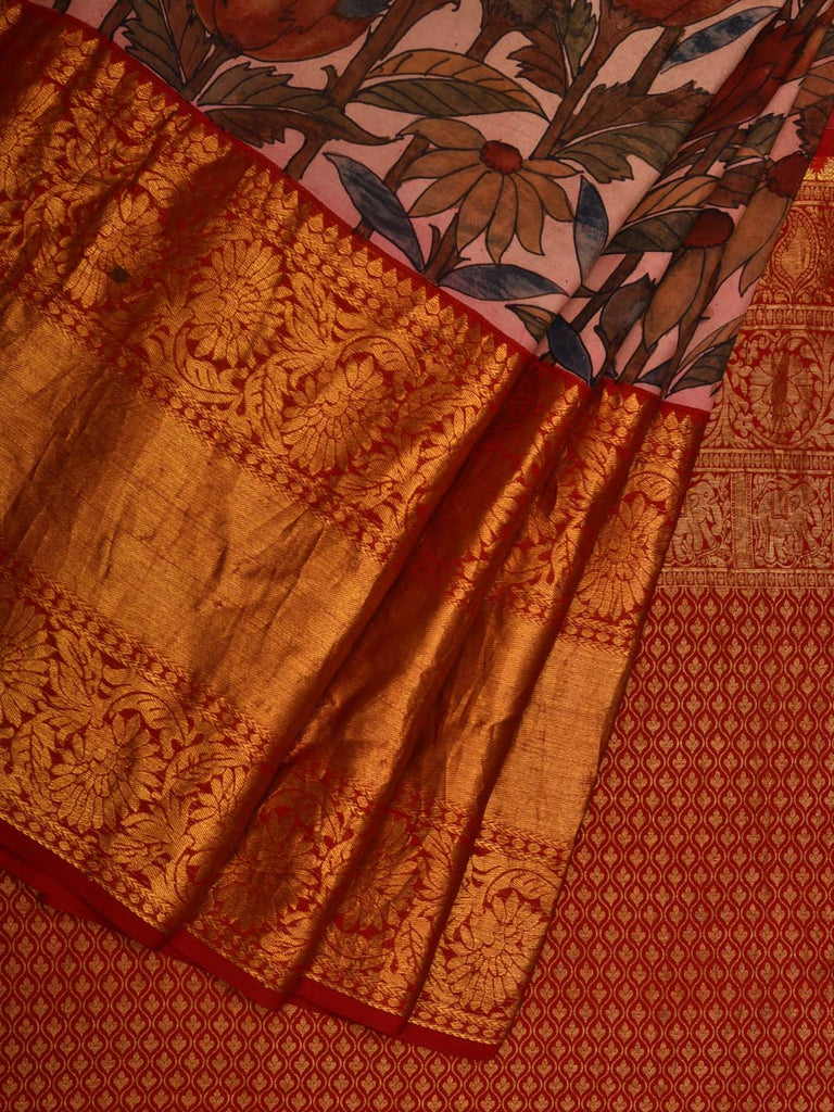 Cream Kalamkari Hand Painted Kanchipuram Silk Handloom Saree with Lotus Flowers Design KL0653