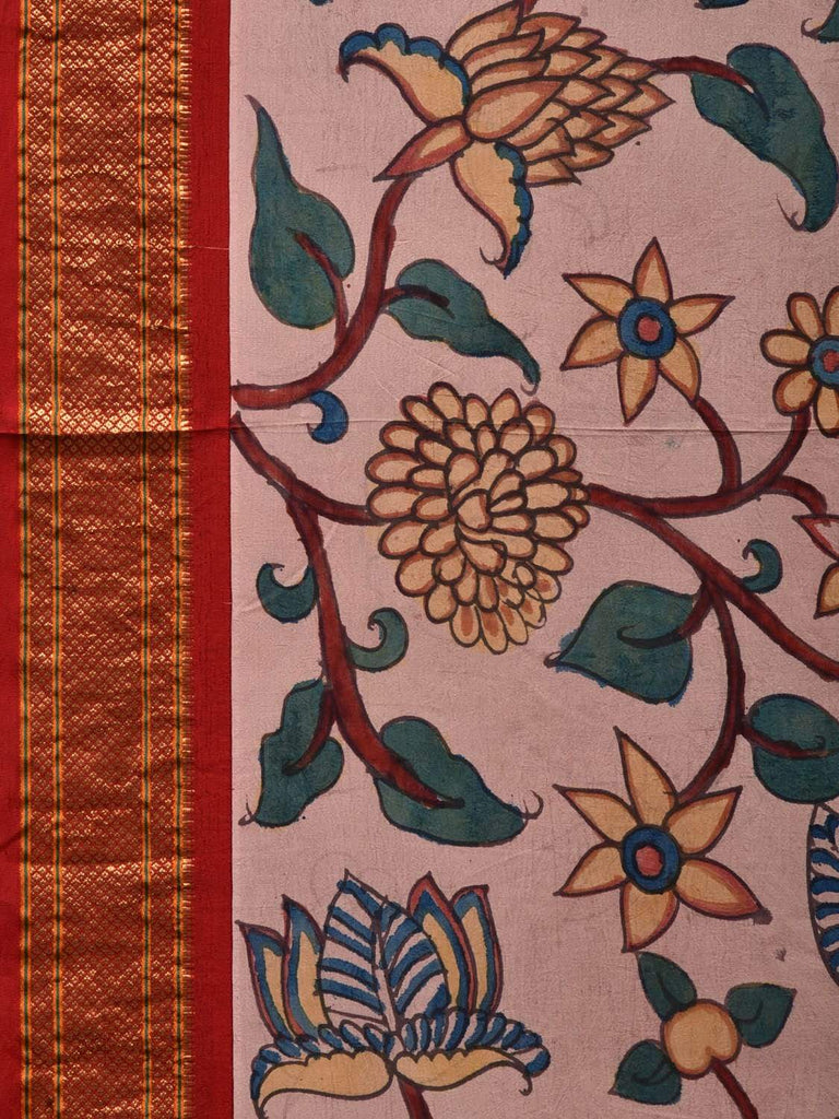Cream Kalamkari Hand Painted Paithani Silk Handloom Saree with Floral Design KL0518