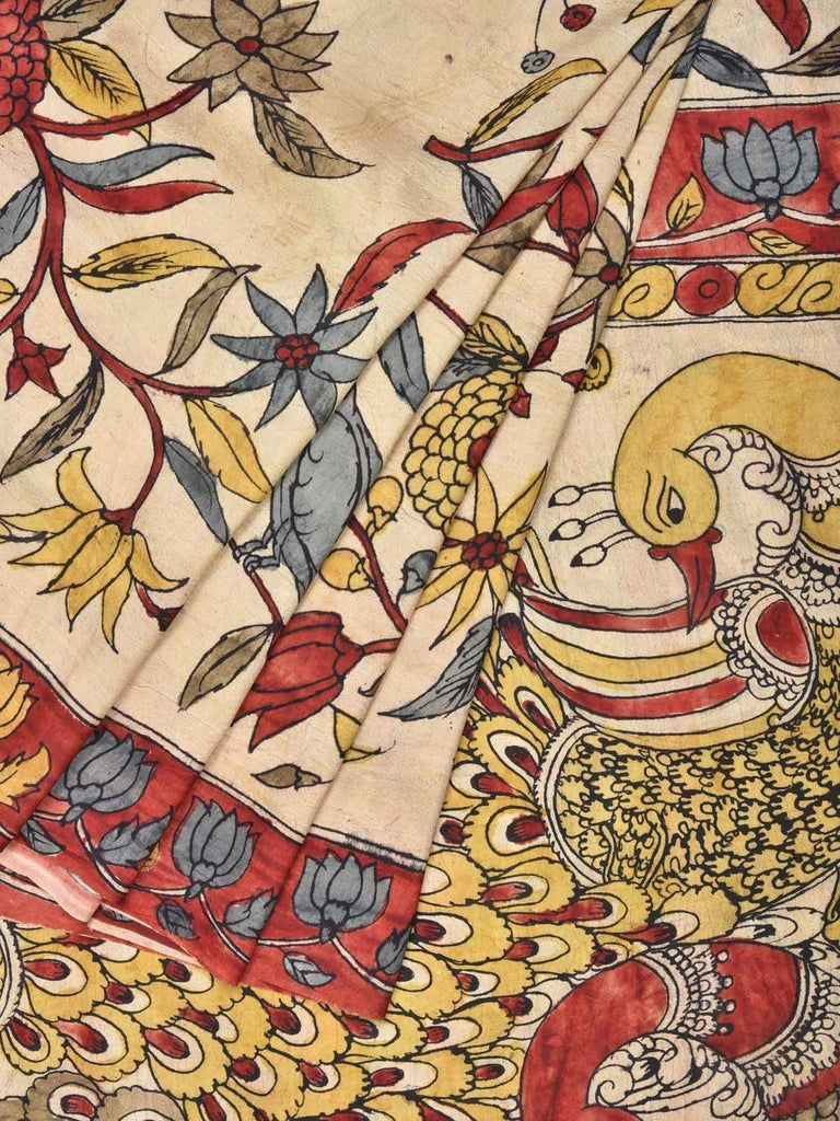 Cream Kalamkari Hand Painted Pure Silk Handloom Saree with Peacocks Pallu Design KL0122