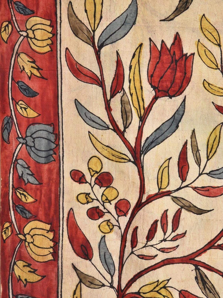 Cream Kalamkari Hand Painted Pure Silk Handloom Saree with Peacocks Pallu Design KL0122