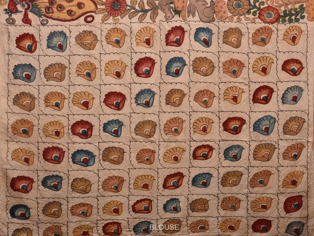 Cream Kalamkari Hand Painted Silk Handloom Saree with Animals Design KL0649