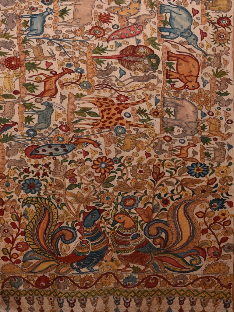 Cream Kalamkari Hand Painted Silk Handloom Saree with Animals Design KL0649