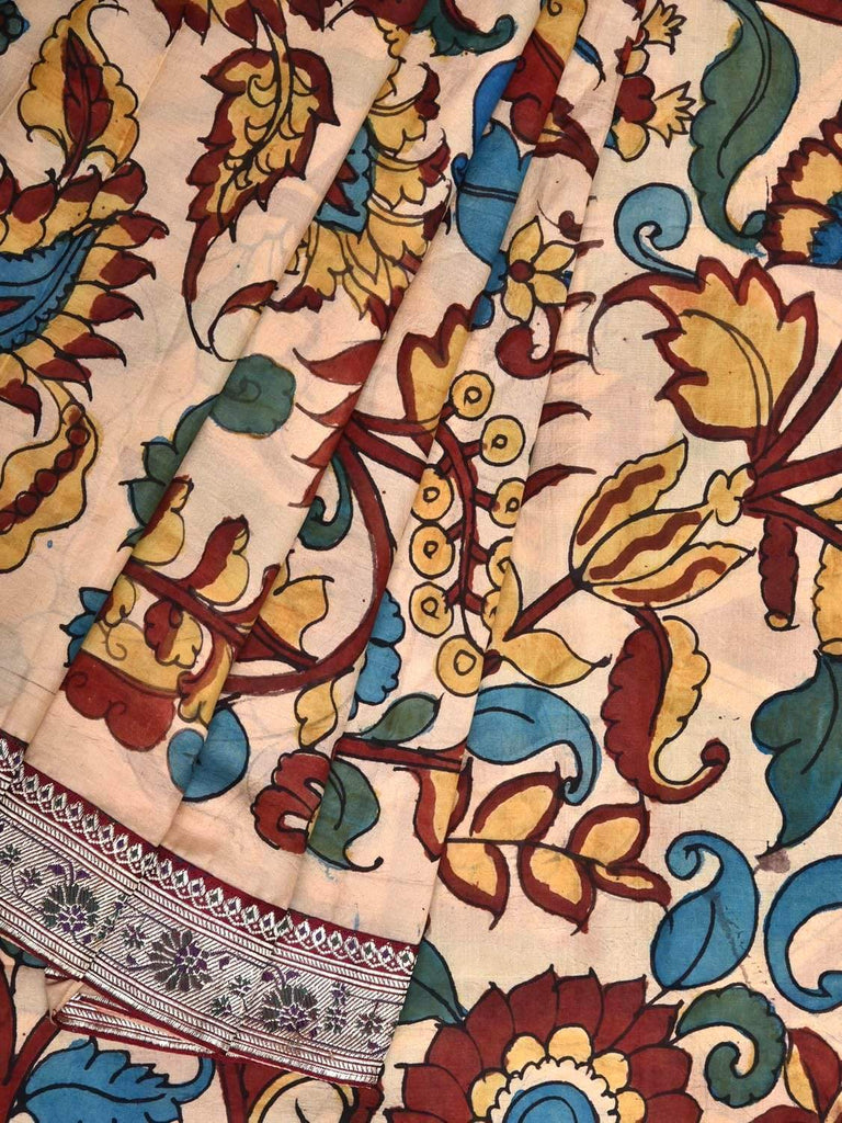 Cream Kalamkari Hand Painted Silk Handloom Saree with Exotic Flowers, Leaves and Banaras Border Design KL0261
