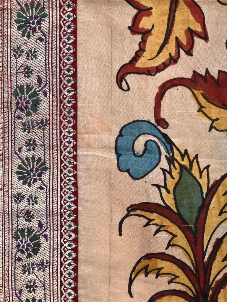 Cream Kalamkari Hand Painted Silk Handloom Saree with Exotic Flowers, Leaves and Banaras Border Design KL0261