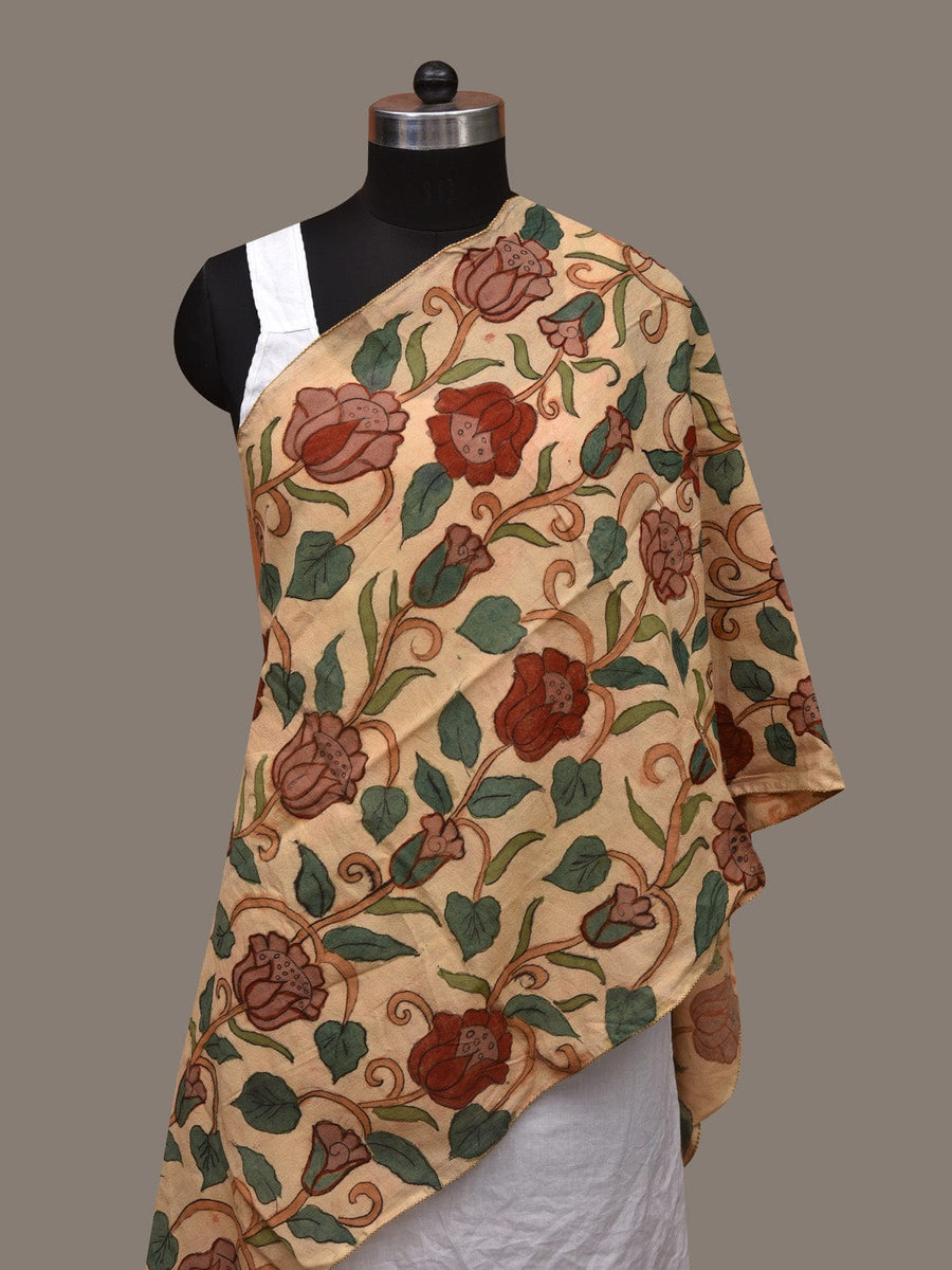Cream Kalamkari Hand Painted Silk Handloom Stole with Lotus Flowers De ...