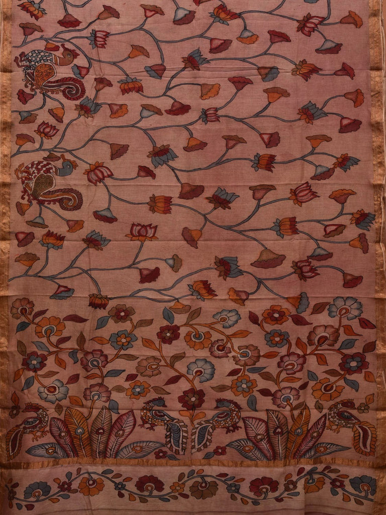 Cream Kalamkari Hand Painted Silk Muga Handloom Saree with Lotus and Birds Design KL0682
