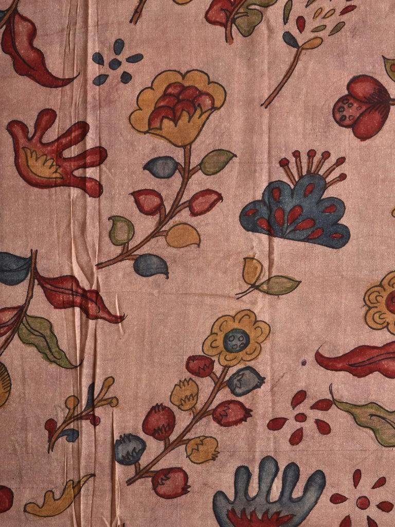 Cream Kalamkari Hand Painted Tussar Cotton Handloom 3mts Fabric with Floral Design f0209