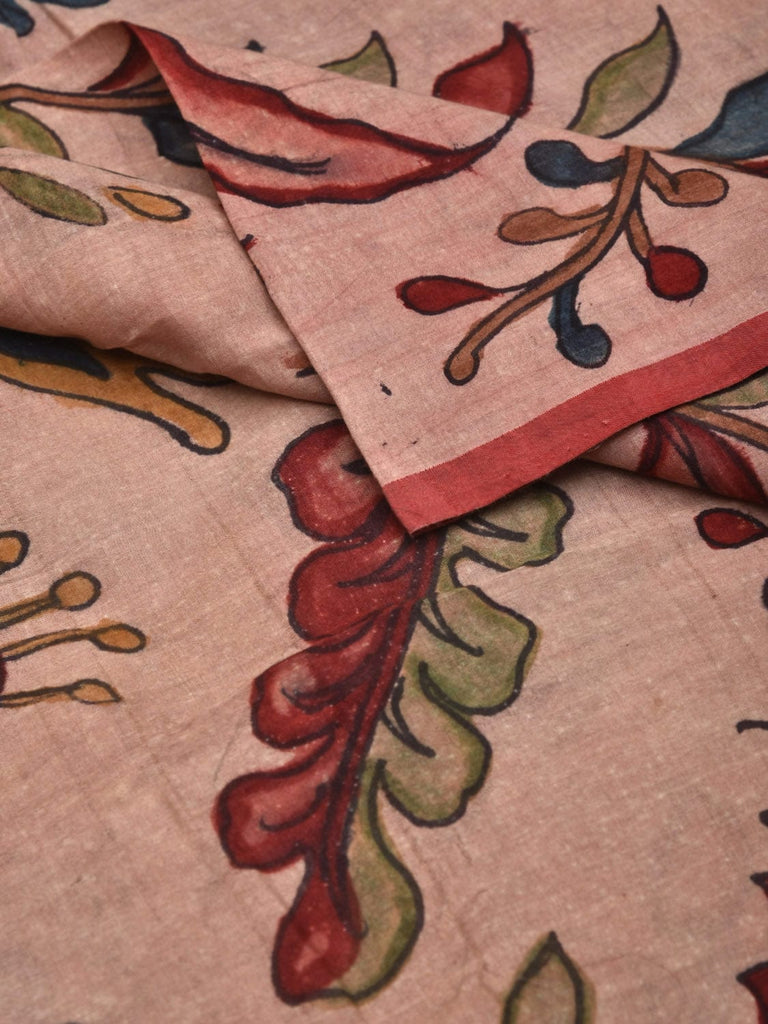 Cream Kalamkari Hand Painted Tussar Cotton Handloom 3mts Fabric with Floral Design f0209