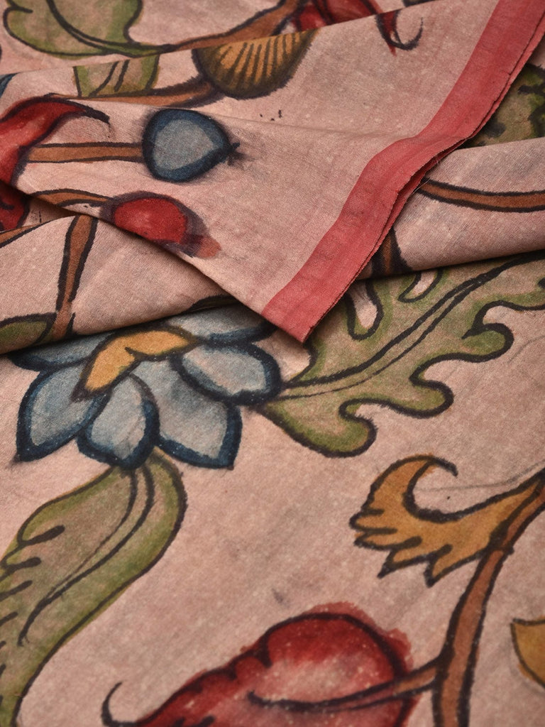 Cream Kalamkari Hand Painted Tussar Cotton Handloom 3mts Fabric with Floral Design f0212