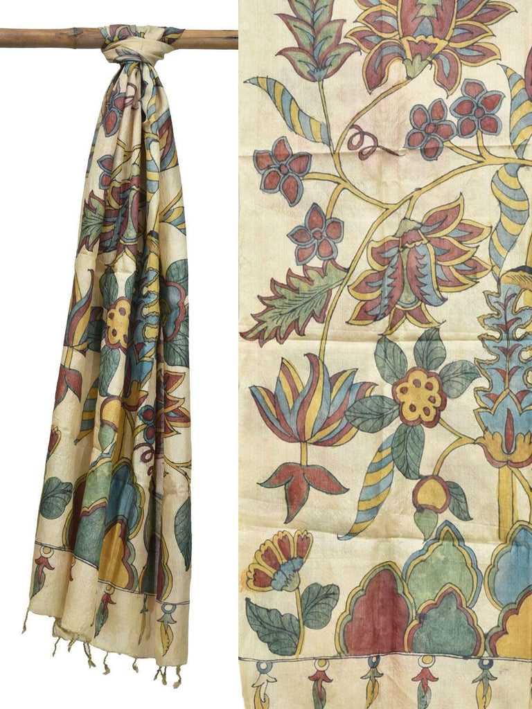 Cream Kalamkari Hand Painted Tussar Handloom Dupatta with Exotic Flowers Design ds1820