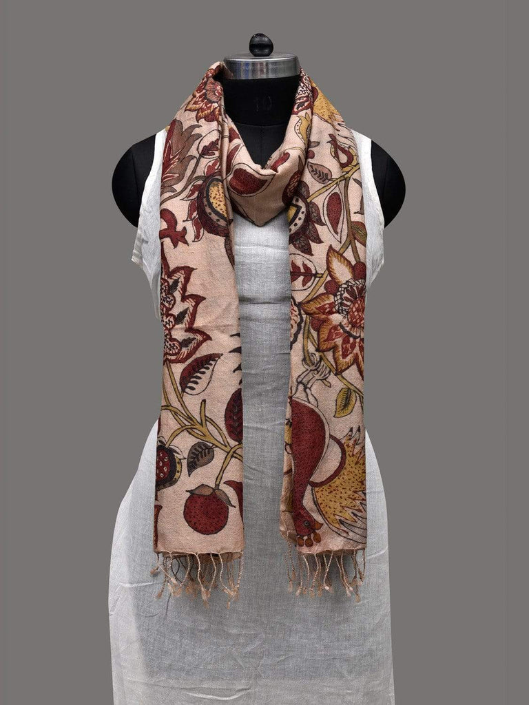 Cream Kalamkari Hand Painted Tussar Handloom Dupatta with Floral and Birds Design ds2408
