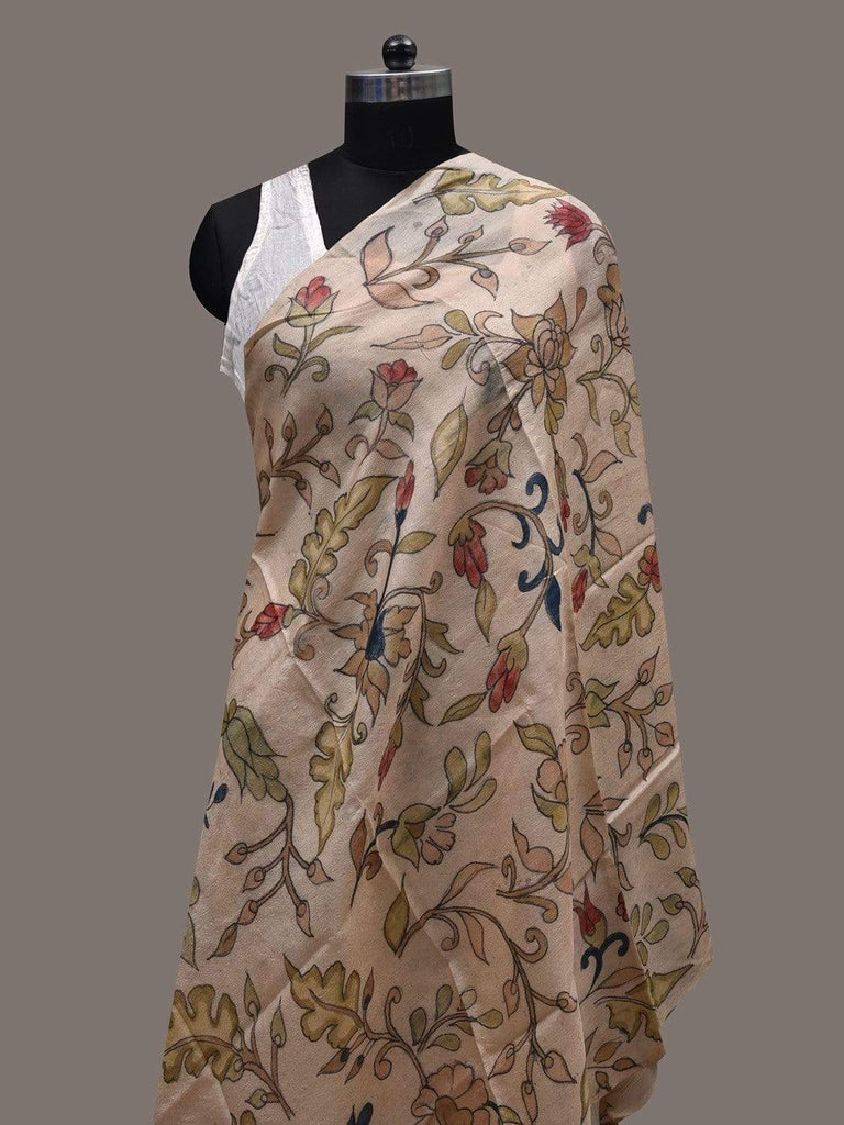 Cream Kalamkari Hand Painted Tussar Handloom Dupatta with Floral Design ds2448