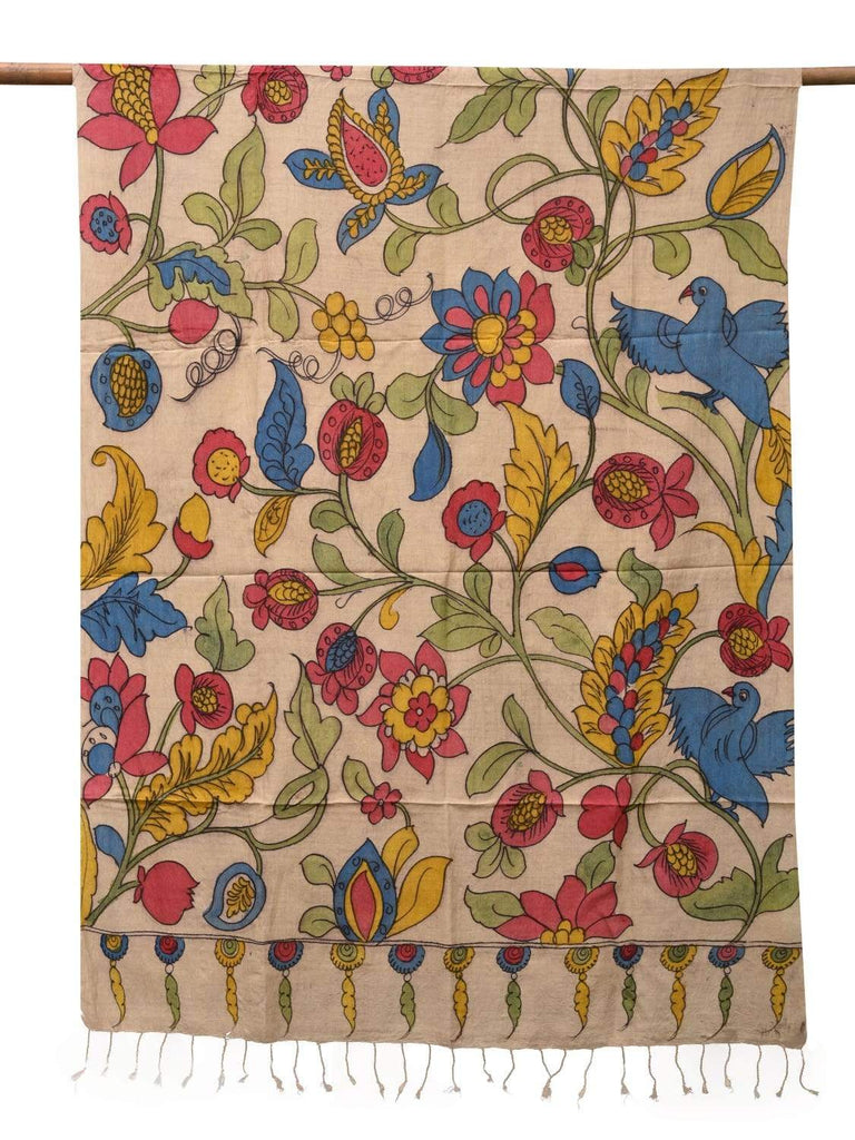Cream Kalamkari Hand Painted Tussar Handloom Dupatta with Flowers Design ds2115
