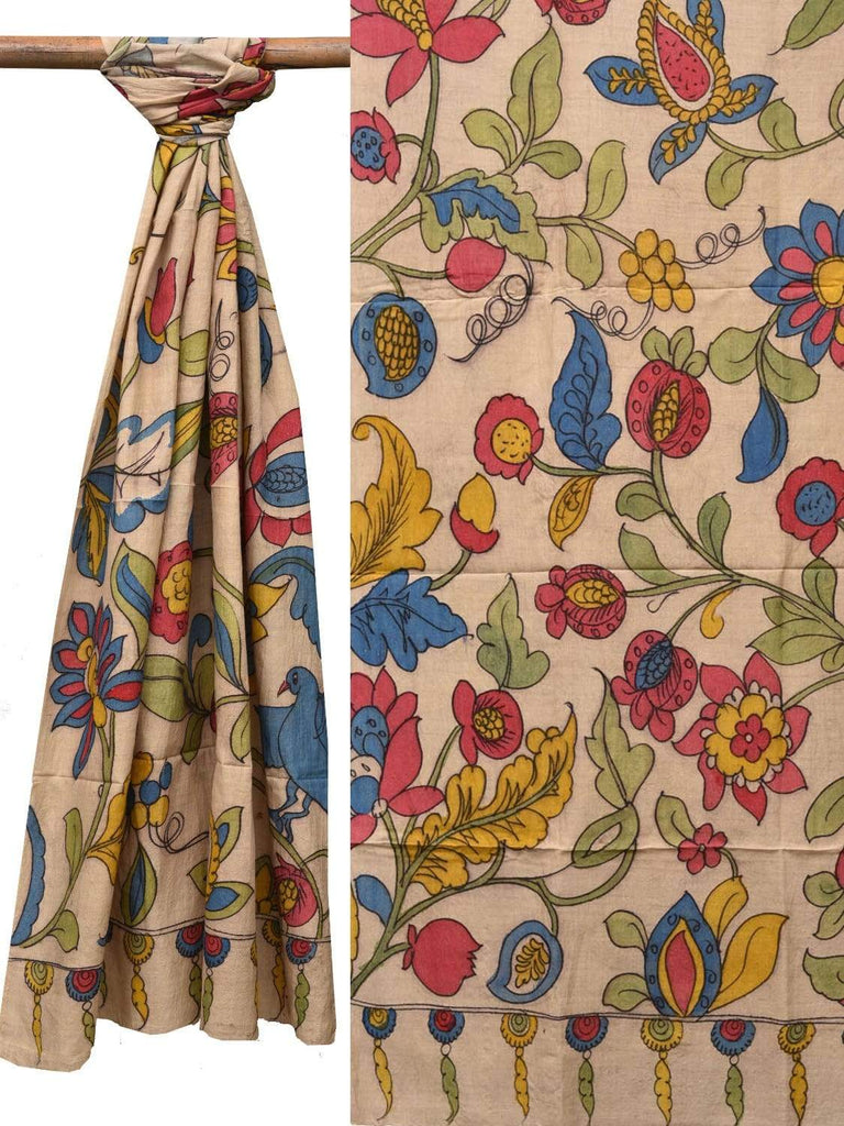 Cream Kalamkari Hand Painted Tussar Handloom Dupatta with Flowers Design ds2115