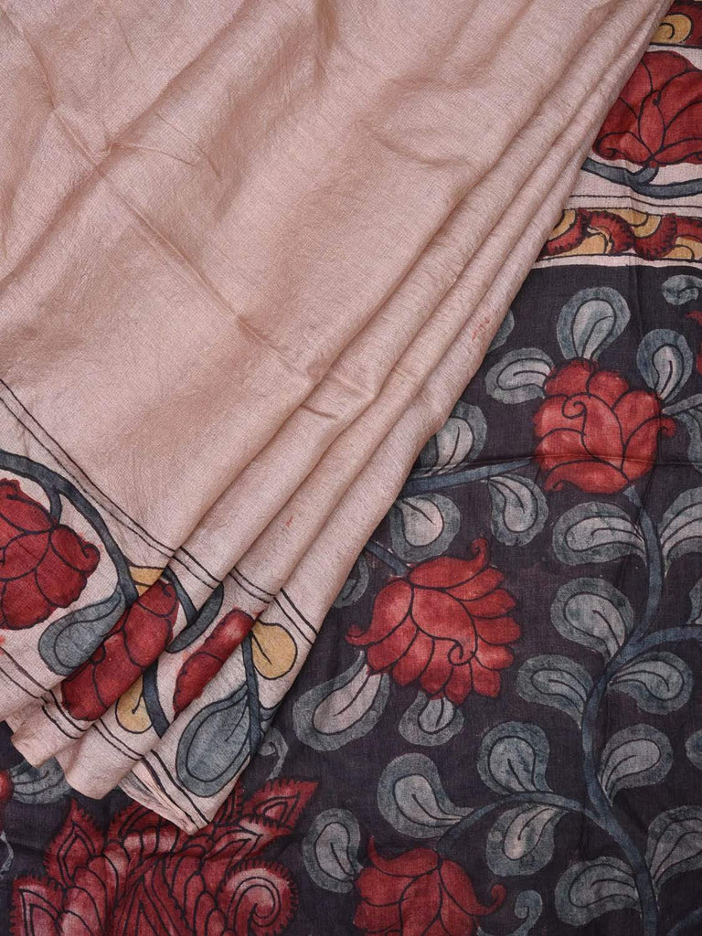 Cream Kalamkari Hand Painted Tussar Handloom Saree with Border and Peacock Pallu Design KL0457