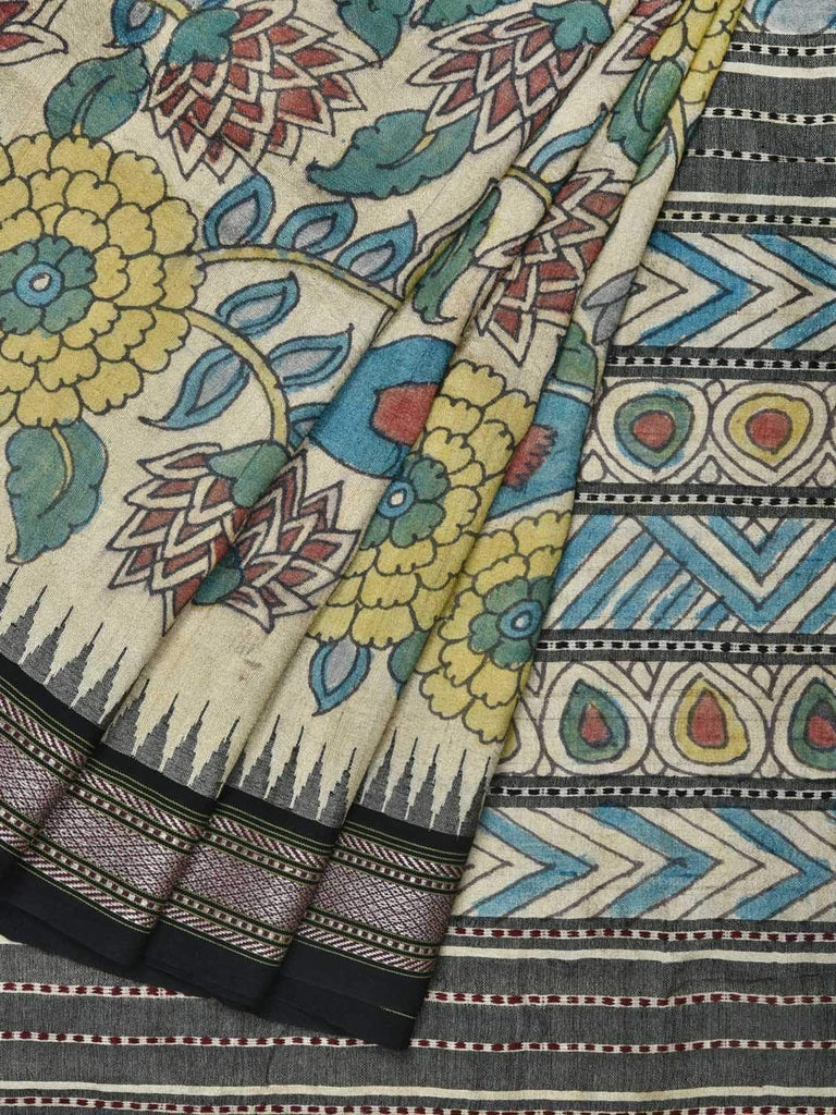 Cream Kalamkari Hand Painted Tussar Handloom Saree with Karvati Border Interlock Design KL0124