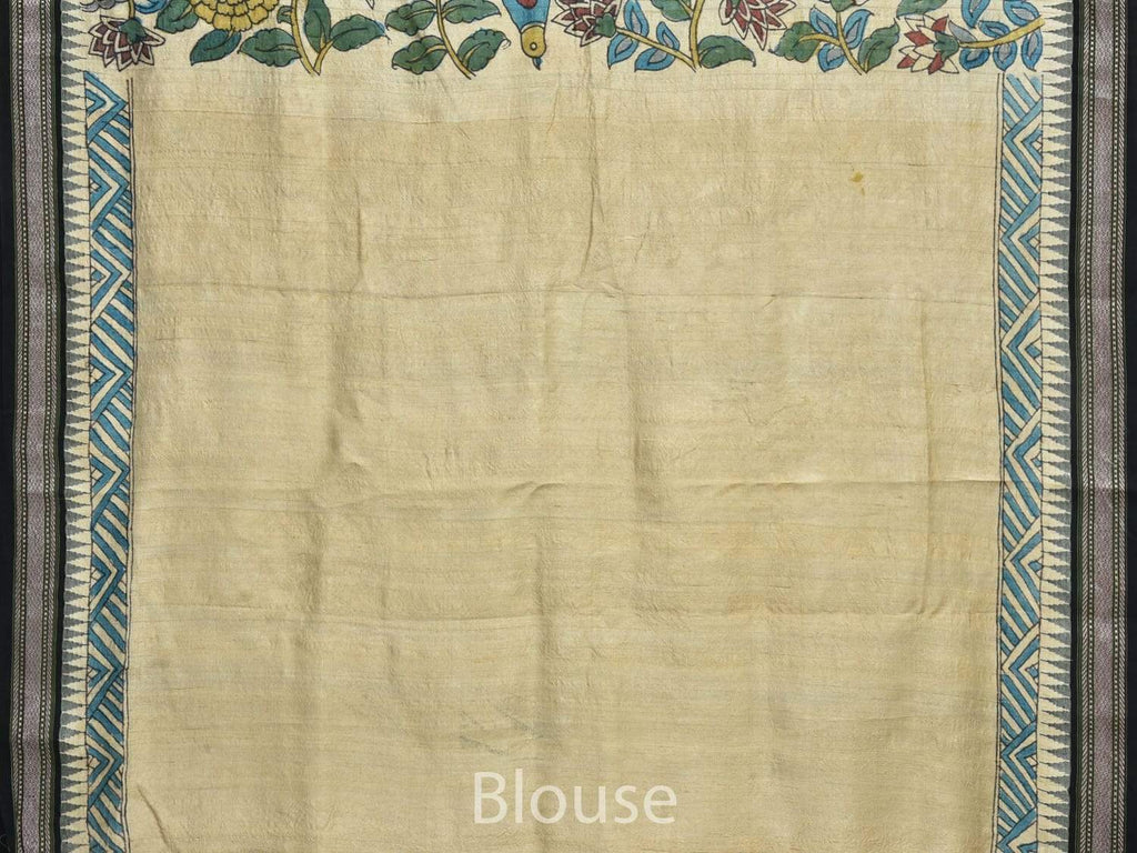 Cream Kalamkari Hand Painted Tussar Handloom Saree with Karvati Border Interlock Design KL0124
