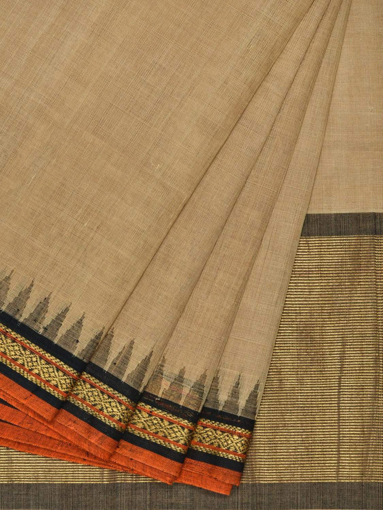Cream Khadi Cotton Handloom Plain Saree with Doby Border Design Kh0438