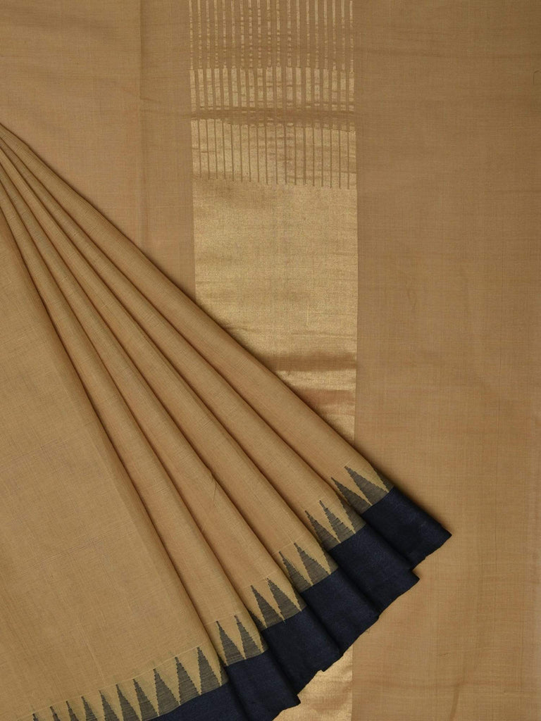 Cream Khadi Cotton Handloom Plain Saree with Temple Border Design kh0310